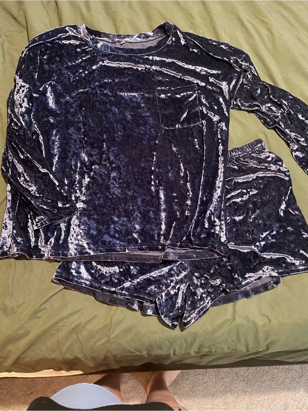 Velvet Long Sleeve Top & Shorts Set - Deep Navy